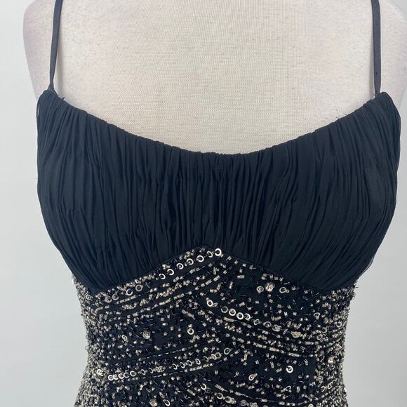 Vintage Y2k Bicici Silk Beaded Dress Empire Waist Pleated Silver Black Womens 10 - Picture 5 of 13